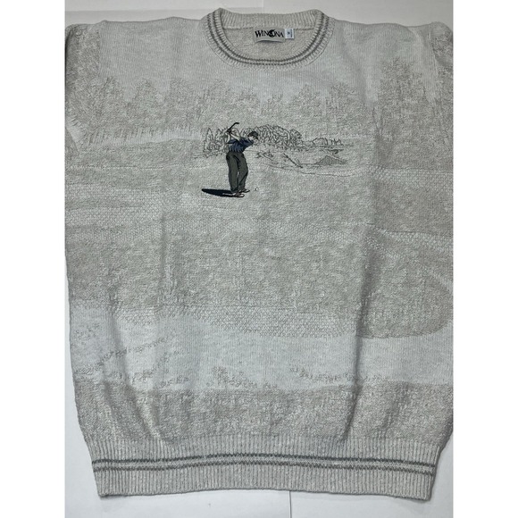 Vintage Winona Sweater Cream Knit Golf Print Preppy USA Grandpa 90s USA Medium - Picture 5 of 7